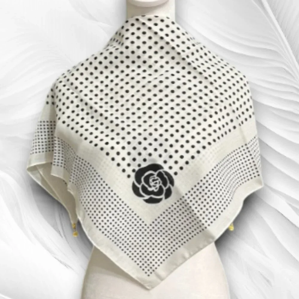 Elegant Women's White Scarf with Black Polka Dots and Floral Print - Picture 1 of 7